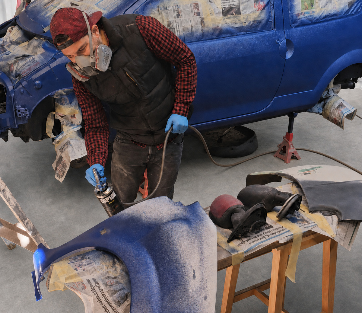 Travail de peinture sur la carrosserie de la Twingo