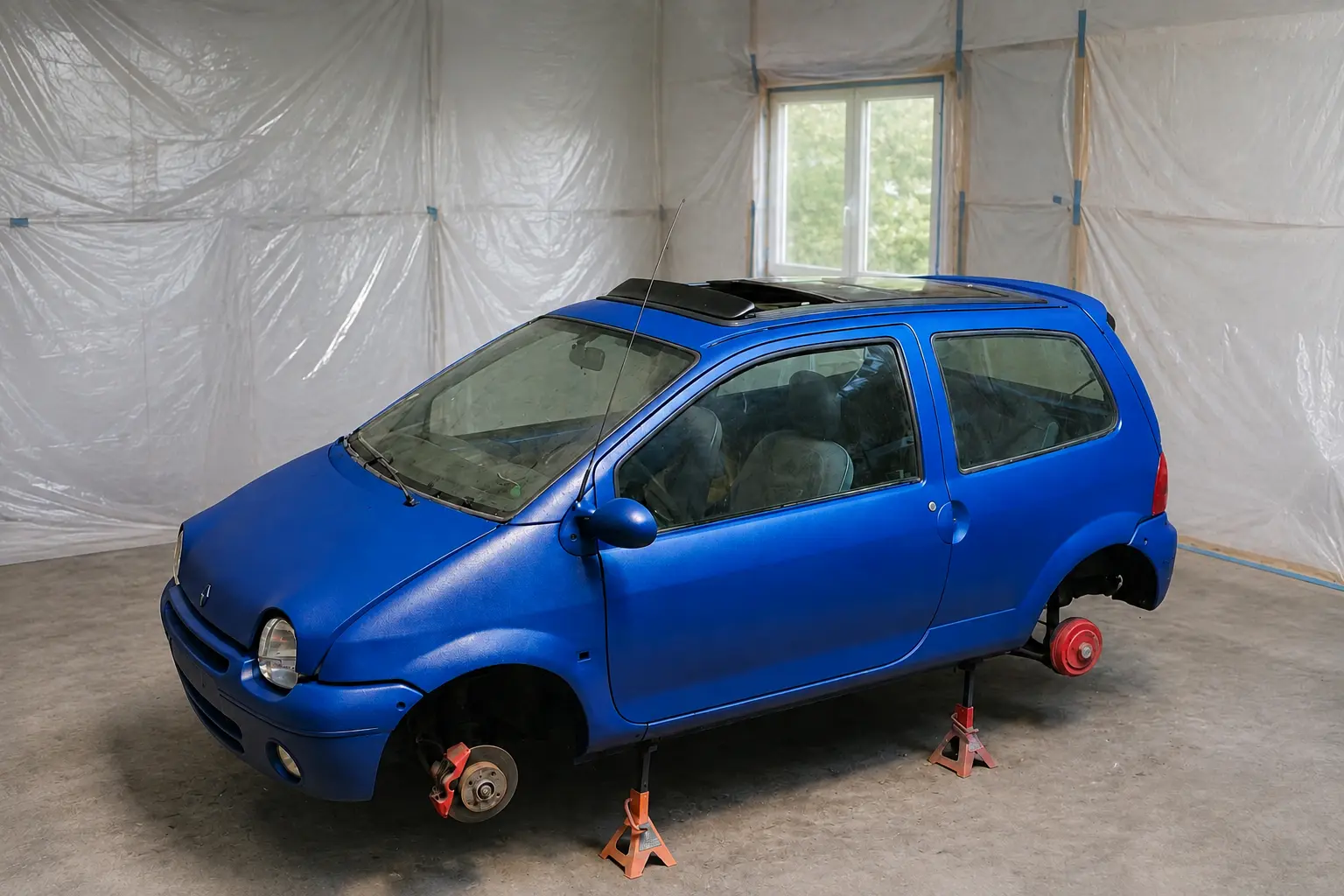Twingo après peinture dans une zone de travail protégée
